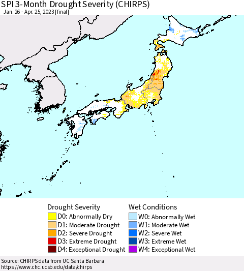 Japan SPI 3-Month Drought Severity (CHIRPS) Thematic Map For 1/26/2023 - 4/25/2023