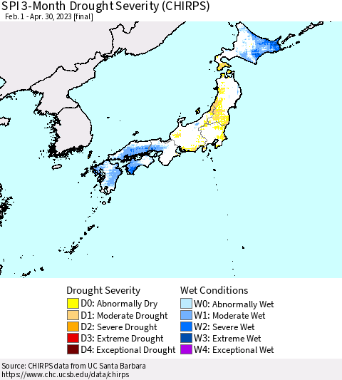 Japan SPI 3-Month Drought Severity (CHIRPS) Thematic Map For 2/1/2023 - 4/30/2023