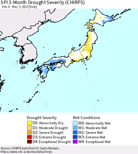 Japan SPI 3-Month Drought Severity (CHIRPS) Thematic Map For 2/6/2023 - 5/5/2023