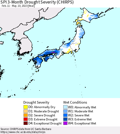 Japan SPI 3-Month Drought Severity (CHIRPS) Thematic Map For 2/11/2023 - 5/10/2023