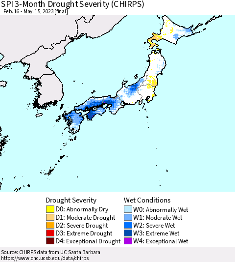 Japan SPI 3-Month Drought Severity (CHIRPS) Thematic Map For 2/16/2023 - 5/15/2023