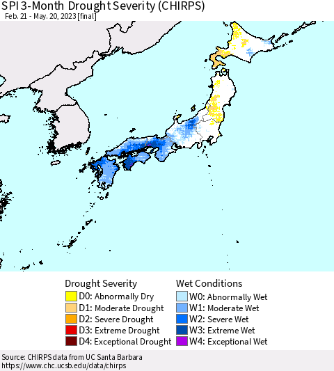 Japan SPI 3-Month Drought Severity (CHIRPS) Thematic Map For 2/21/2023 - 5/20/2023