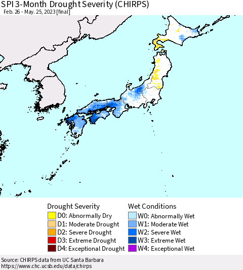 Japan SPI 3-Month Drought Severity (CHIRPS) Thematic Map For 2/26/2023 - 5/25/2023