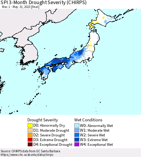 Japan SPI 3-Month Drought Severity (CHIRPS) Thematic Map For 3/1/2023 - 5/31/2023