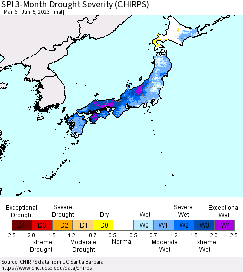 Japan SPI 3-Month Drought Severity (CHIRPS) Thematic Map For 3/6/2023 - 6/5/2023
