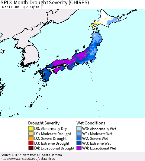 Japan SPI 3-Month Drought Severity (CHIRPS) Thematic Map For 3/11/2023 - 6/10/2023