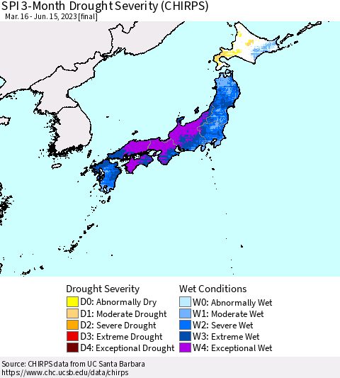 Japan SPI 3-Month Drought Severity (CHIRPS) Thematic Map For 3/16/2023 - 6/15/2023