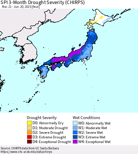 Japan SPI 3-Month Drought Severity (CHIRPS) Thematic Map For 3/21/2023 - 6/20/2023