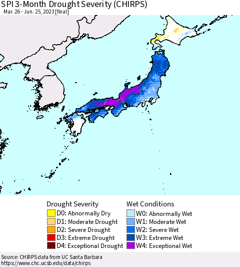 Japan SPI 3-Month Drought Severity (CHIRPS) Thematic Map For 3/26/2023 - 6/25/2023