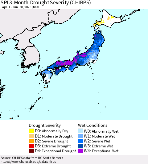 Japan SPI 3-Month Drought Severity (CHIRPS) Thematic Map For 4/1/2023 - 6/30/2023