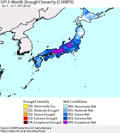 Japan SPI 3-Month Drought Severity (CHIRPS) Thematic Map For 4/6/2023 - 7/5/2023