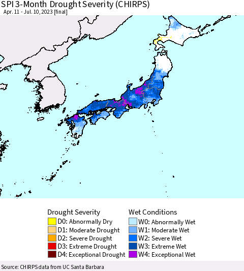 Japan SPI 3-Month Drought Severity (CHIRPS) Thematic Map For 4/11/2023 - 7/10/2023