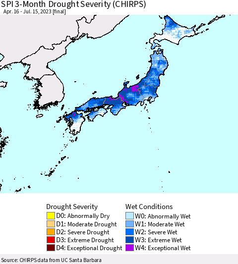 Japan SPI 3-Month Drought Severity (CHIRPS) Thematic Map For 4/16/2023 - 7/15/2023