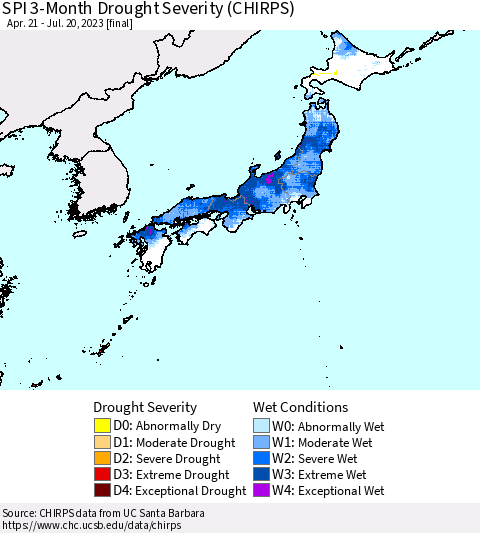 Japan SPI 3-Month Drought Severity (CHIRPS) Thematic Map For 4/21/2023 - 7/20/2023