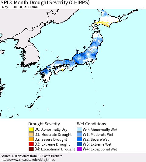 Japan SPI 3-Month Drought Severity (CHIRPS) Thematic Map For 5/1/2023 - 7/31/2023