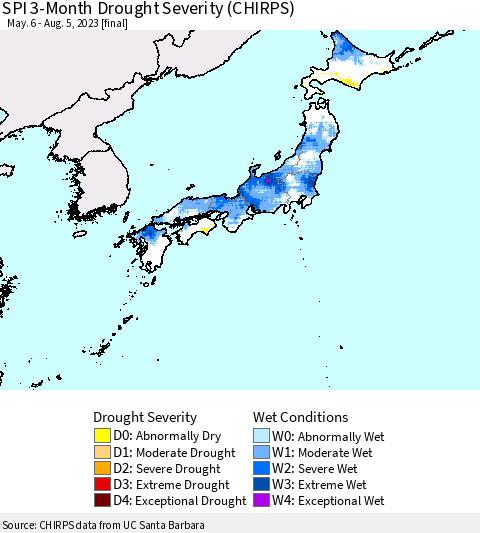 Japan SPI 3-Month Drought Severity (CHIRPS) Thematic Map For 5/6/2023 - 8/5/2023