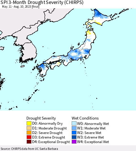 Japan SPI 3-Month Drought Severity (CHIRPS) Thematic Map For 5/11/2023 - 8/10/2023