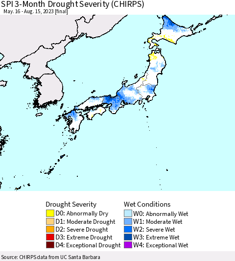 Japan SPI 3-Month Drought Severity (CHIRPS) Thematic Map For 5/16/2023 - 8/15/2023