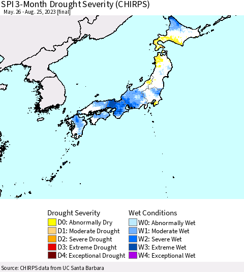 Japan SPI 3-Month Drought Severity (CHIRPS) Thematic Map For 5/26/2023 - 8/25/2023