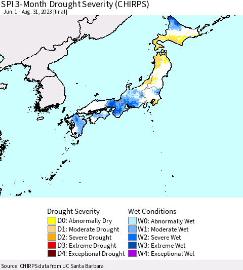 Japan SPI 3-Month Drought Severity (CHIRPS) Thematic Map For 6/1/2023 - 8/31/2023