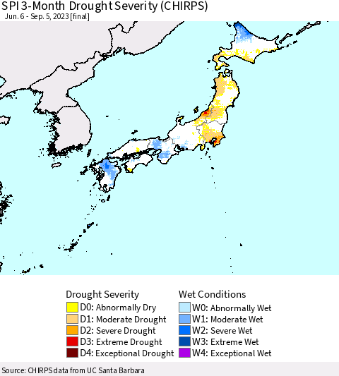 Japan SPI 3-Month Drought Severity (CHIRPS) Thematic Map For 6/6/2023 - 9/5/2023