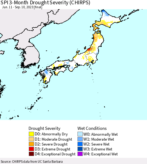 Japan SPI 3-Month Drought Severity (CHIRPS) Thematic Map For 6/11/2023 - 9/10/2023
