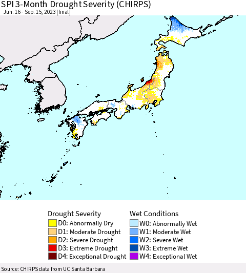 Japan SPI 3-Month Drought Severity (CHIRPS) Thematic Map For 6/16/2023 - 9/15/2023