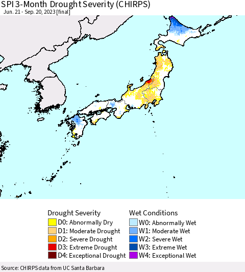 Japan SPI 3-Month Drought Severity (CHIRPS) Thematic Map For 6/21/2023 - 9/20/2023