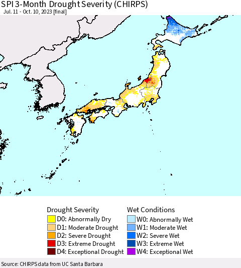 Japan SPI 3-Month Drought Severity (CHIRPS) Thematic Map For 7/11/2023 - 10/10/2023
