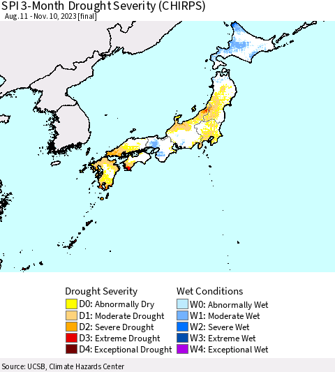 Japan SPI 3-Month Drought Severity (CHIRPS) Thematic Map For 8/11/2023 - 11/10/2023
