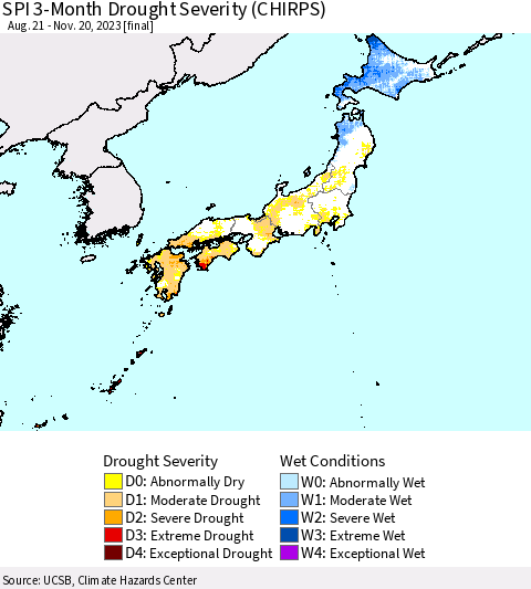Japan SPI 3-Month Drought Severity (CHIRPS) Thematic Map For 8/21/2023 - 11/20/2023