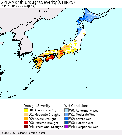 Japan SPI 3-Month Drought Severity (CHIRPS) Thematic Map For 8/26/2023 - 11/25/2023