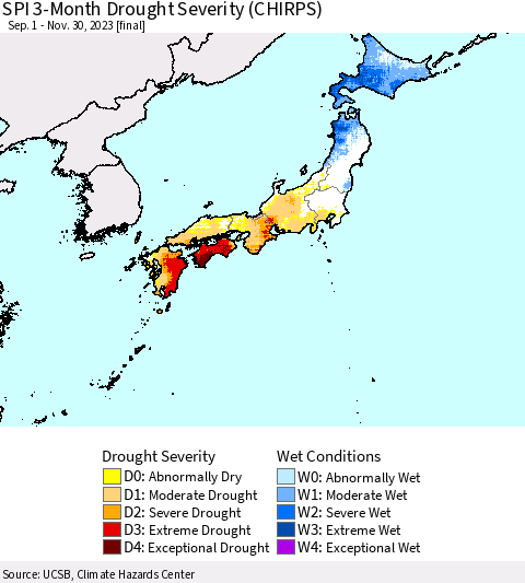 Japan SPI 3-Month Drought Severity (CHIRPS) Thematic Map For 9/1/2023 - 11/30/2023