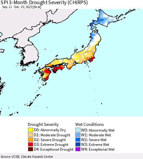 Japan SPI 3-Month Drought Severity (CHIRPS) Thematic Map For 9/11/2023 - 12/10/2023