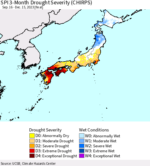 Japan SPI 3-Month Drought Severity (CHIRPS) Thematic Map For 9/16/2023 - 12/15/2023
