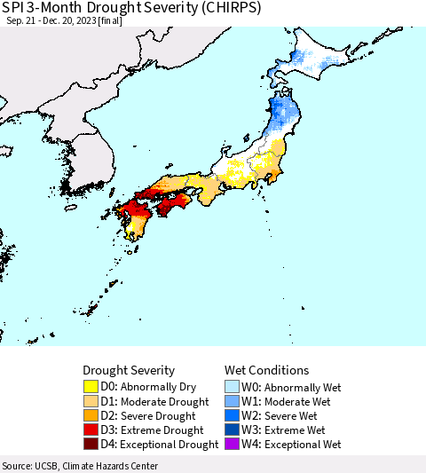 Japan SPI 3-Month Drought Severity (CHIRPS) Thematic Map For 9/21/2023 - 12/20/2023