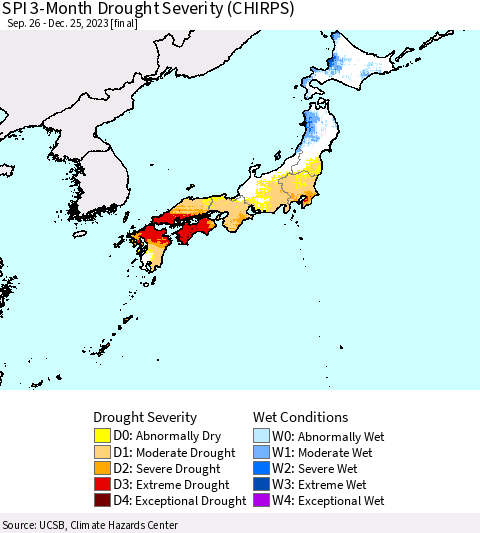 Japan SPI 3-Month Drought Severity (CHIRPS) Thematic Map For 9/26/2023 - 12/25/2023
