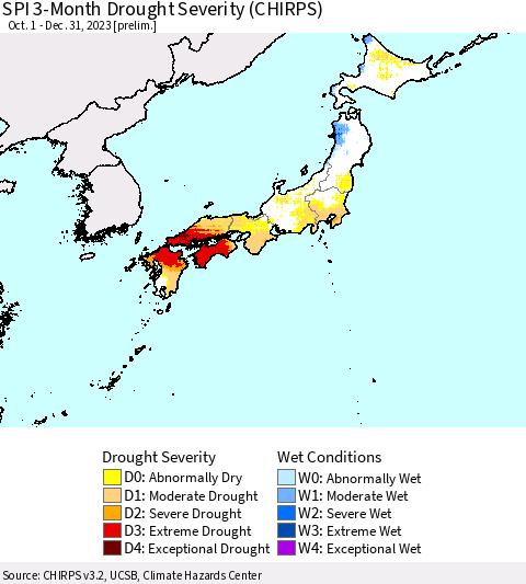Japan SPI 3-Month Drought Severity (CHIRPS) Thematic Map For 10/1/2023 - 12/31/2023