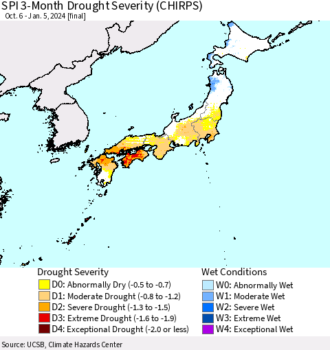 Japan SPI 3-Month Drought Severity (CHIRPS) Thematic Map For 10/6/2023 - 1/5/2024