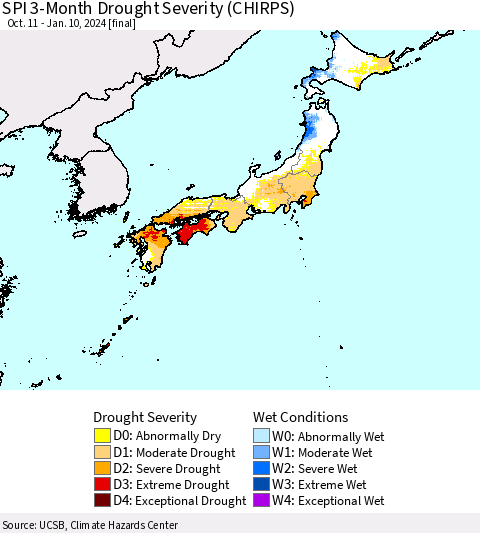 Japan SPI 3-Month Drought Severity (CHIRPS) Thematic Map For 10/11/2023 - 1/10/2024