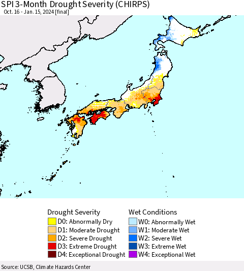 Japan SPI 3-Month Drought Severity (CHIRPS) Thematic Map For 10/16/2023 - 1/15/2024