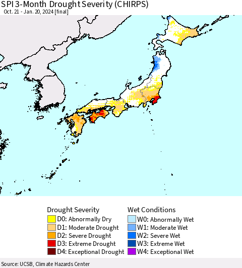 Japan SPI 3-Month Drought Severity (CHIRPS) Thematic Map For 10/21/2023 - 1/20/2024