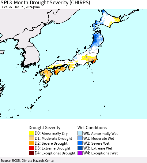 Japan SPI 3-Month Drought Severity (CHIRPS) Thematic Map For 10/26/2023 - 1/25/2024