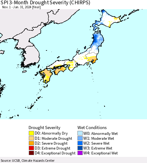 Japan SPI 3-Month Drought Severity (CHIRPS) Thematic Map For 11/1/2023 - 1/31/2024