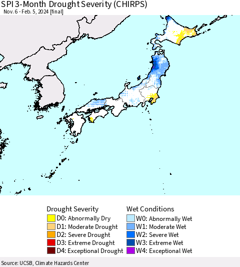 Japan SPI 3-Month Drought Severity (CHIRPS) Thematic Map For 11/6/2023 - 2/5/2024