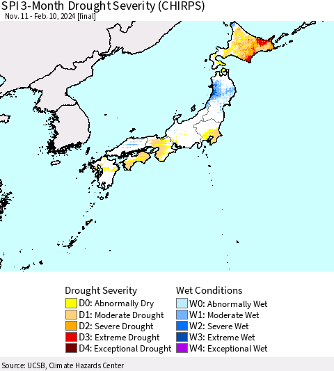 Japan SPI 3-Month Drought Severity (CHIRPS) Thematic Map For 11/11/2023 - 2/10/2024
