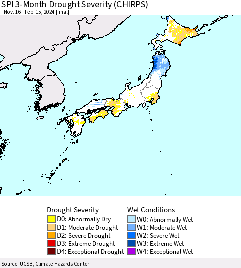 Japan SPI 3-Month Drought Severity (CHIRPS) Thematic Map For 11/16/2023 - 2/15/2024