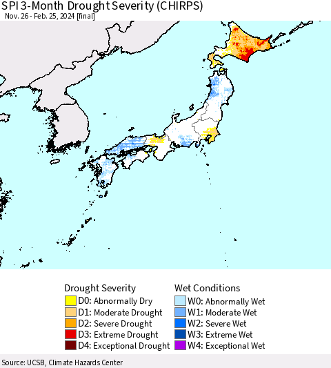 Japan SPI 3-Month Drought Severity (CHIRPS) Thematic Map For 11/26/2023 - 2/25/2024