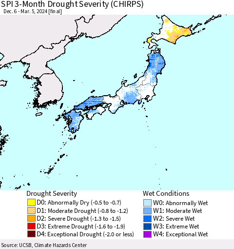 Japan SPI 3-Month Drought Severity (CHIRPS) Thematic Map For 12/6/2023 - 3/5/2024