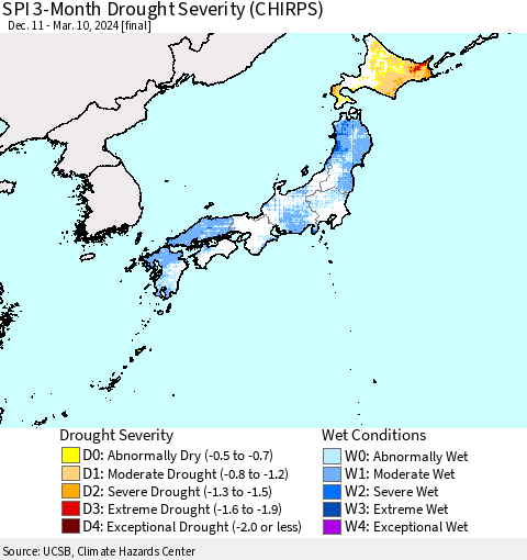 Japan SPI 3-Month Drought Severity (CHIRPS) Thematic Map For 12/11/2023 - 3/10/2024